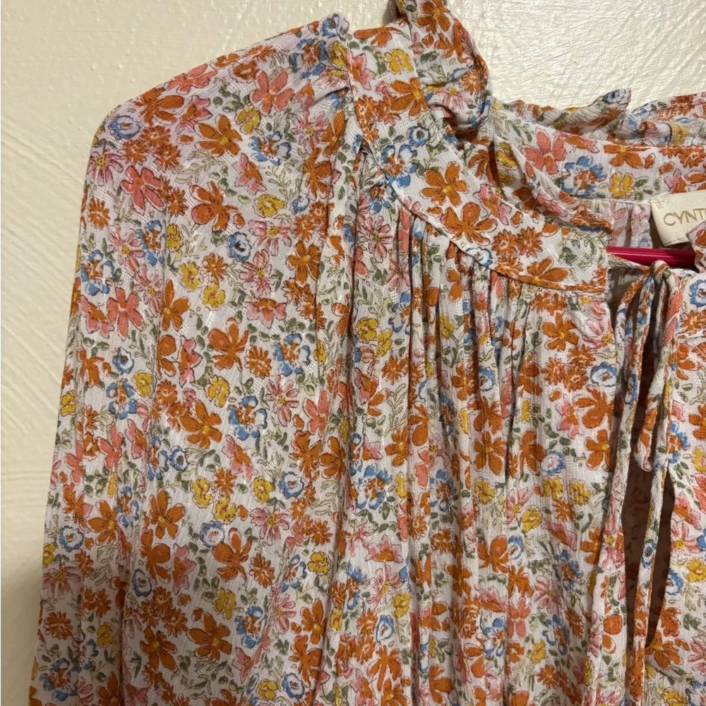 Cynthia Rowley Floral Boho Peasant Blouse Ruffle Neck Tie Front Size XL - Picture 6 of 8